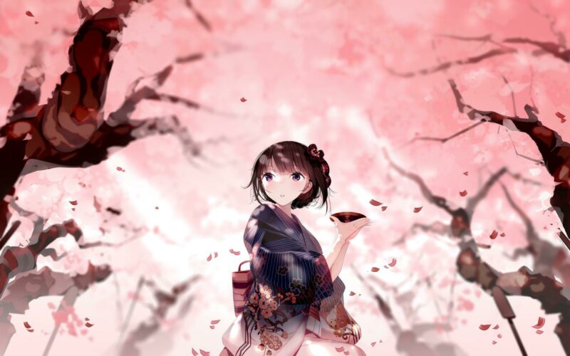 Konachan.com%20-%20283278%20atha%20braids%20brown_hair%20cherry_blossoms%20drink%20flowers%20japanese_clothes%20kimono%20original%20purple_eyes%20sake%20short_hair%20tree