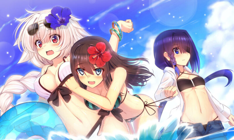 Konachan.com - 246846 aqua_eyes bikini blue_eyes blush braids breasts brown_hair clouds gray_hair long_hair navel original