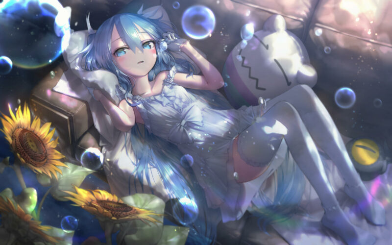 Konachan.com%20-%20283304%20blush%20couch%20dress%20flowers%20green_eyes%20green_hair%20hatsune_miku%20long_hair%20summer_dress%20sunflower%20tagme_%28artist%29%20thighhighs%20vocaloid