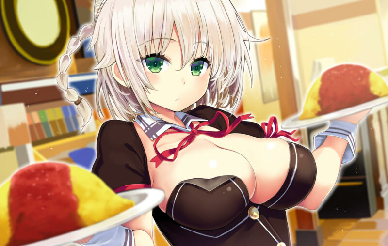 Konachan.com - 245336 braids breasts cleavage food gray_hair green_eyes kawakami_masaki no_bra ribbons short_hair signed w