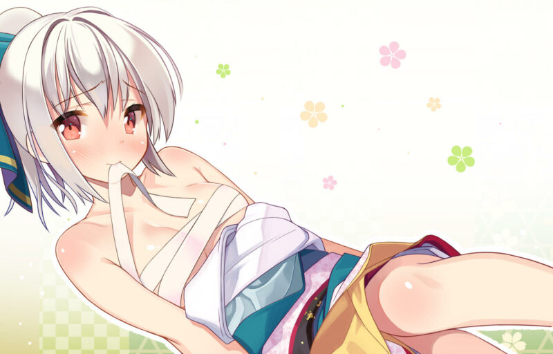 Konachan.com - 245445 at-yui blush breasts brown_eyes gray_hair japanese_clothes original ponytail sarashi short_hair underw