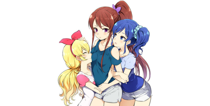 Konachan.com - 240079 aikatsu! blonde_hair blue_eyes blue_hair blush bow breasts brown_hair hug kiriya_aoi long_hair pon