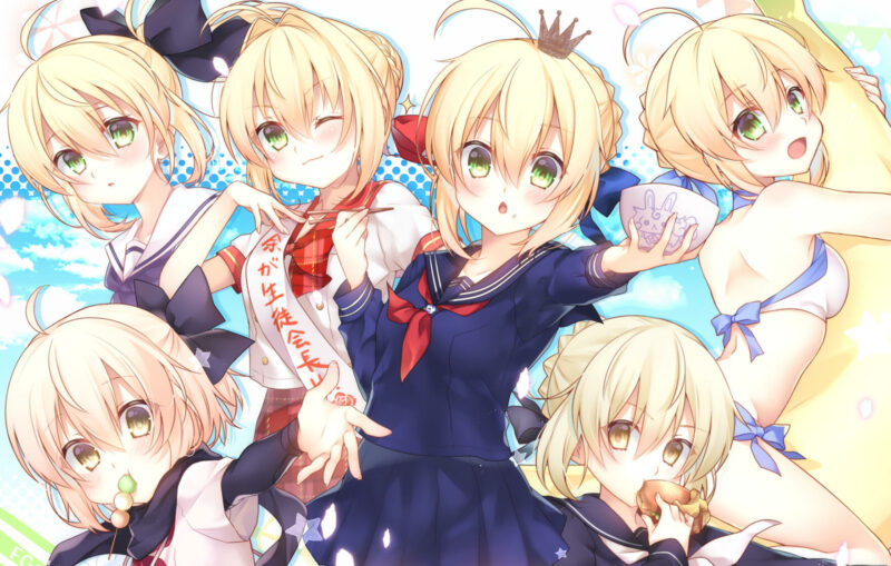 Konachan.com - 245587 bikini blonde_hair blush bow braids breasts crown food green_eyes heroine_x saber scarf seifuku 