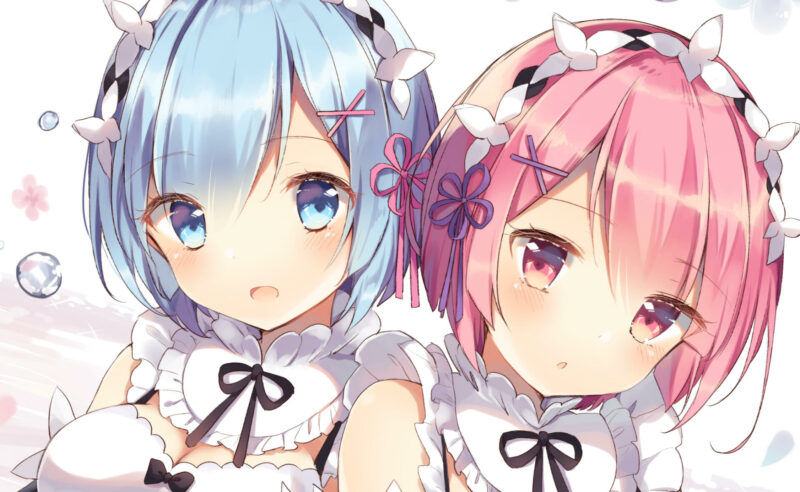 Konachan.com - 247731 aqua_eyes aqua_hair blush bow breasts close headdress maid pink_eyes pink_hair ram_(rezero) r