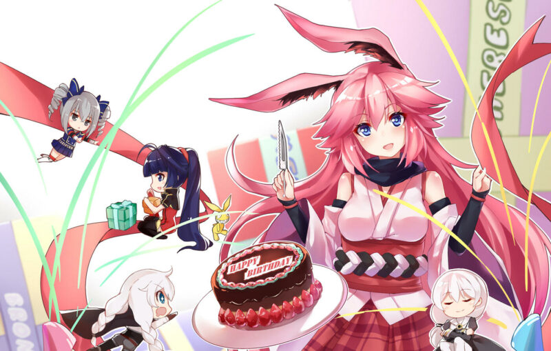 konachan.com - 246981 animal_ears blue_eyes breasts bunny_ears cake chibi food fruit group kiana_kaslana knife long_hair%2