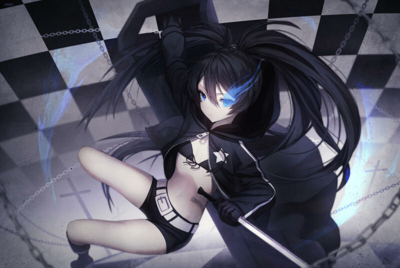 Konachan.com%20-%20283261%20bikini_top%20black_hair%20blue_eyes%20boots%20chain%20flat_chest%20gloves%20hoodie%20inosia%20kuroi_mato%20long_hair%20magic%20navel%20scar%20shorts%20signed%20sword%20twintails%20weapon