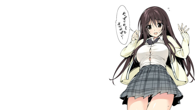 konachan.com - 247014 bow breasts brown_eyes brown_hair long_hair no_bra original oryou seifuku skirt translation_request