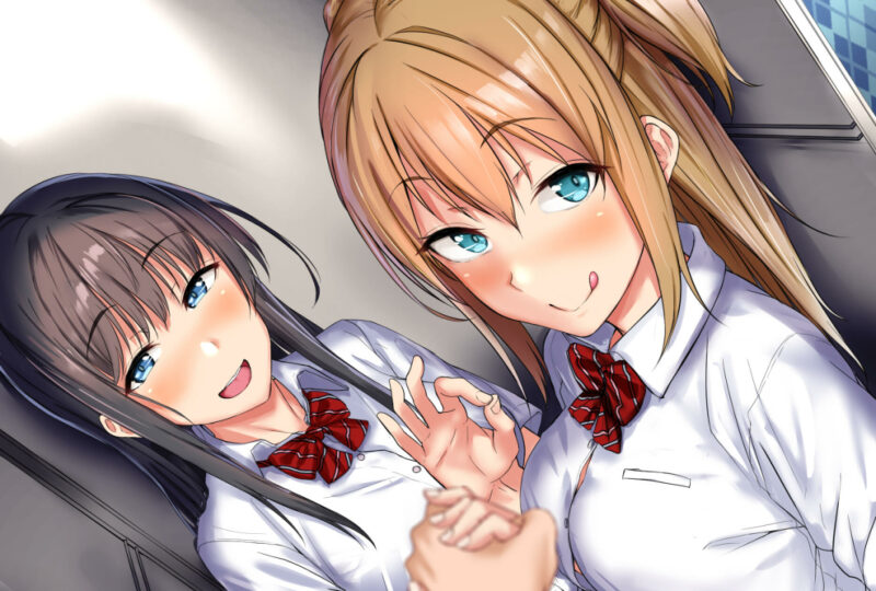 Konachan.com - 246808 2girls aoi_chizuru aqua_eyes blonde_hair blush bow breasts brown_hair long_hair original seifuku wai