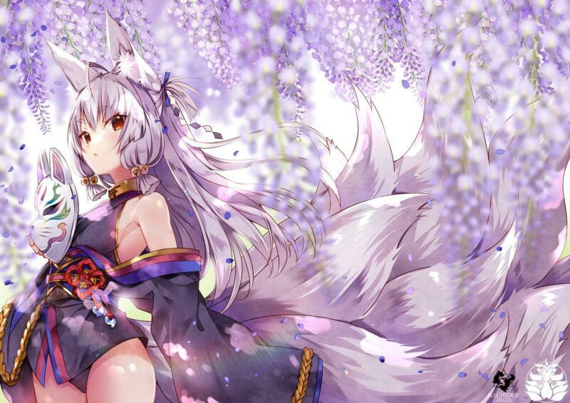 Konachan.com%20-%20283296%20animal_ears%20brown_eyes%20foxgirl%20japanese_clothes%20long_hair%20mask%20multiple_tails%20original%20purple_hair%20tail%20usagihime%20watermark