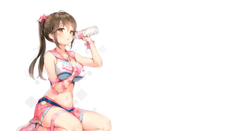 Konachan.com - 247875 anmi blush breasts brown_hair cheerleader drink long_hair navel original ponytail ribbons skirt wh