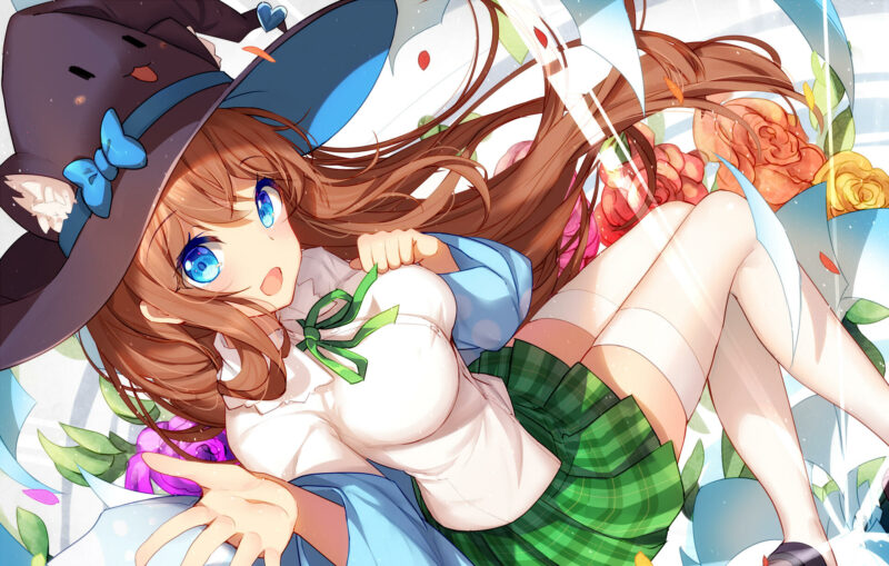 Konachan.com - 245590 animal_ears aqua_eyes bisonbison bow breasts brown_hair flowers hat long_hair petals ribbons seifuku