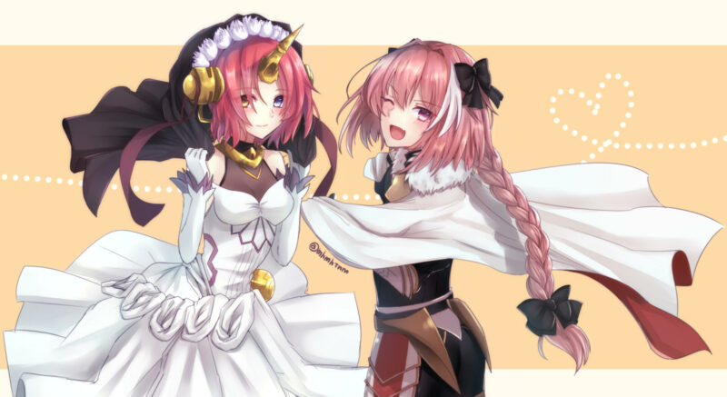 konachan.com - 247023 astolfo bow braids breasts cape dress elbow_gloves gloves horns long_hair male red_hair short_hair