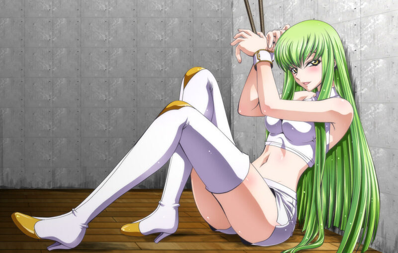 Konachan.com - 245511 bondage boots breasts cc code_geass green_hair kaname_aomame long_hair navel shorts wristwear yellow