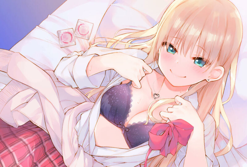 Konachan.com - 251935 aihara_shouta aqua_eyes blonde_hair blush bow bra breasts condom long_hair necklace open_shirt origi