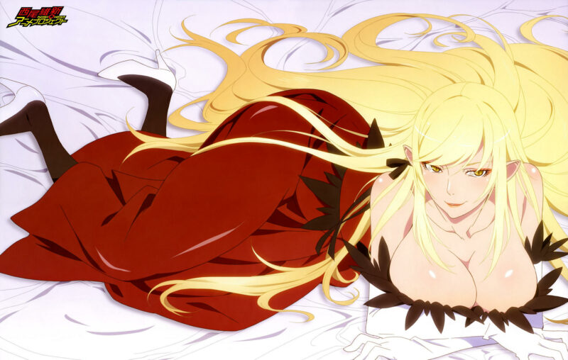Konachan.com - 252002 blonde_hair breasts cleavage dress elbow_gloves gloves kizumonogatari long_hair newtype no_bra pointed