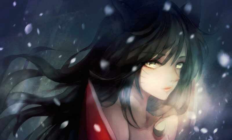 Konachan.com - 252093 animal_ears black_hair breasts cleavage foxgirl japanese_clothes league_of_legends long_hair red_hod sno