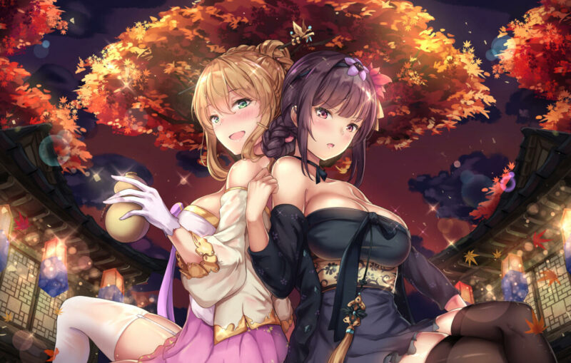 Konachan.com - 252027 2girls autumn black_hair blonde_hair blush braids breasts cenangam cleavage garter_belt gloves green