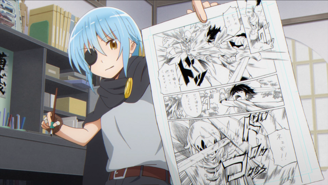 While cosplaying as her own character, Tsubasa inks a page of her Dark Hero manga in the Comic Girls TV anime.