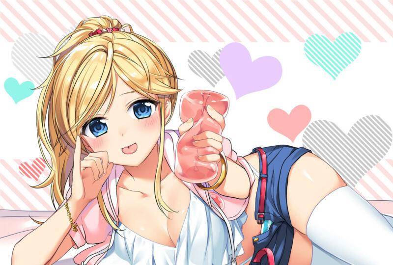 Konachan.com - 251934 aqua_eyes blonde_hair blush breasts heart long_hair no_bra original panties ponytail shorts striped_