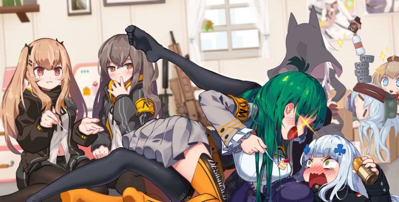 Konachan.com - 252010 aqua_eyes blush breasts brown_eyes brown_hair cat_smile green_hair long_hair navel pantyhose scar sk
